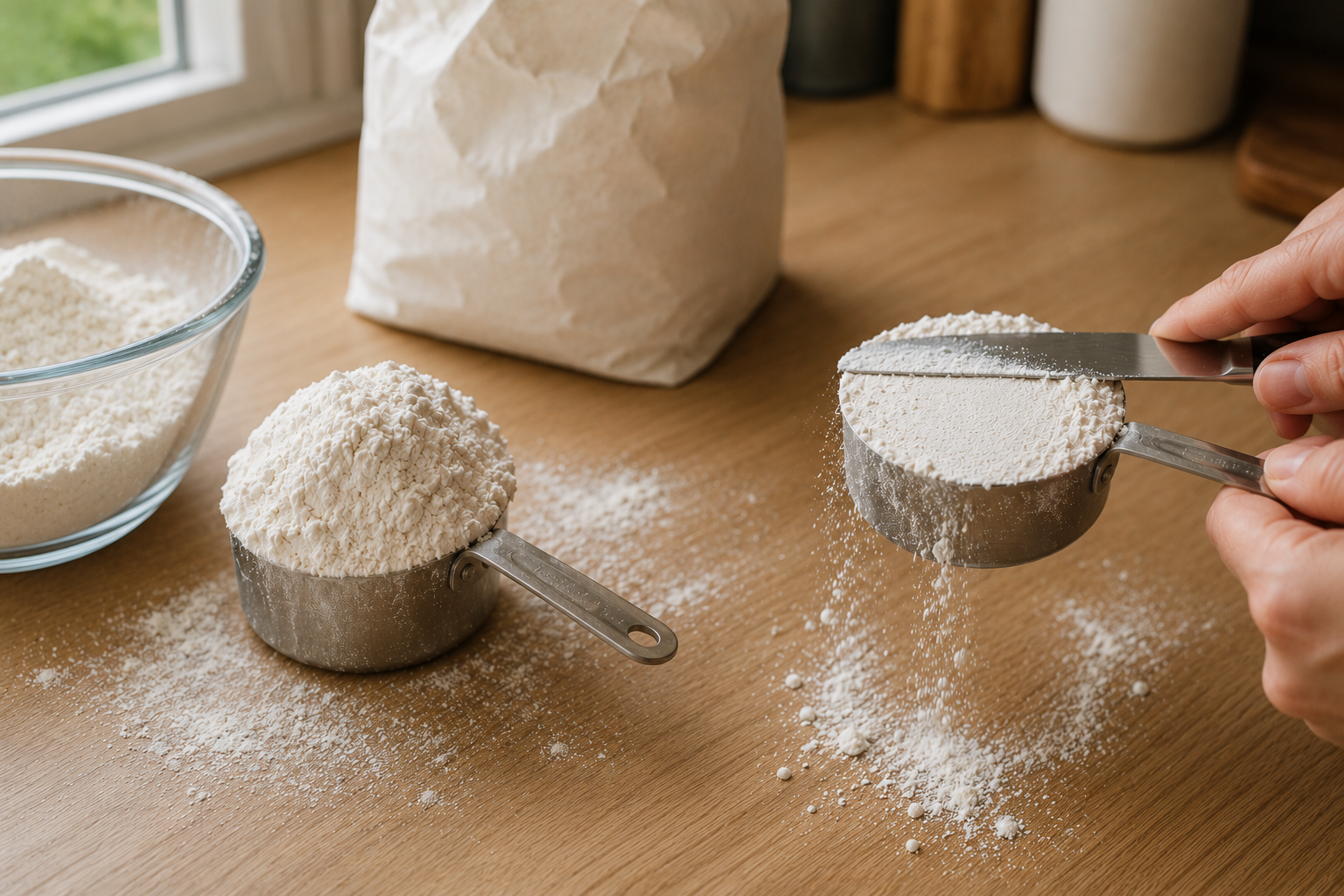 A heaped measuring cup of flour beside a cup being leveled with a knife on a kitchen counter