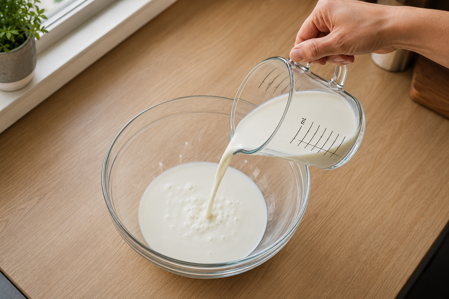 Milk being poured from a glass measuring jug into a mixing bowl on a kitchen counter